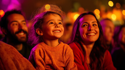 Joyful Family Moments: A heartwarming moment of a family basking in the warmth of a performance or event, their faces lit with pure joy and anticipation, illuminated by vibrant, colorful lighting.