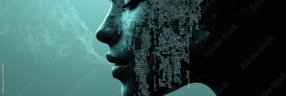 Leinwandbilder Human face outline transitions into flowing binary code representing futuristic artificial intelligence concepts. Generative AI