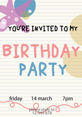 Birthday party invitation poster on lined handwriting paper sheet. Typography design template.