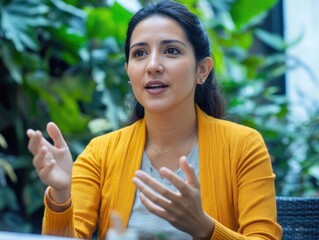 A woman in business attire discussing a topic with confidence.