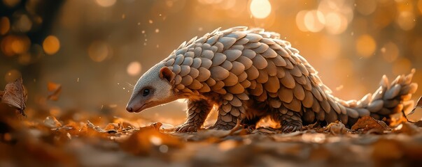 Fototapeta premium Pangolin in autumn forest: scaled creature amidst fallen leaves and warm sunlight