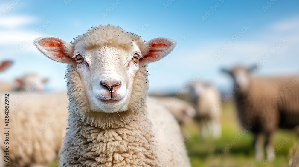 Aufkleber Close up of a friendly sheep with a fluffy coat grazing in a sunny pasture with other sheep in distance : Generative AI