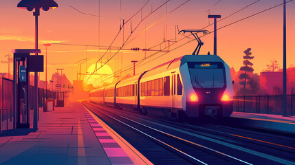 Sunset view of a commuter train arriving at a platform. Golden Hour Train Station. Illustration