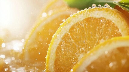 Fresh, vibrant lemon slices glisten with droplets, surrounded by a refreshing atmosphere, perfect for beverages or culinary delights.