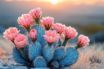 Vibrant pink cactus flowers bloom under a setting sun in a desert landscape