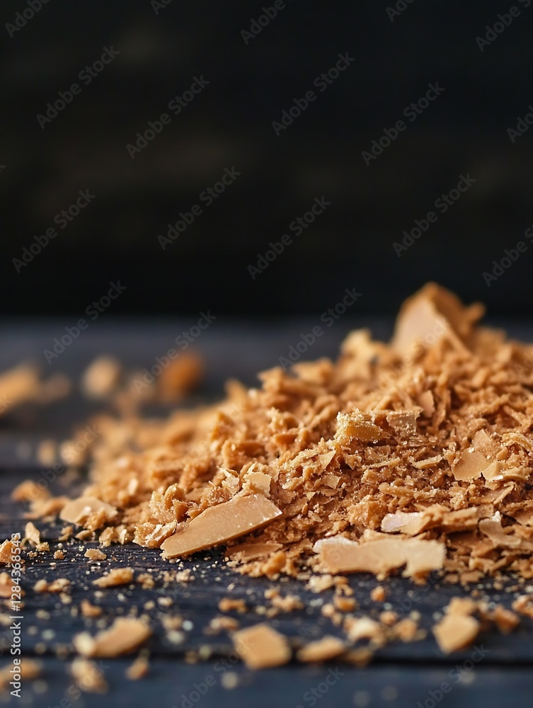 Poster close up view of chopped wood shavings scattered on a rustic dark surface : generative ai