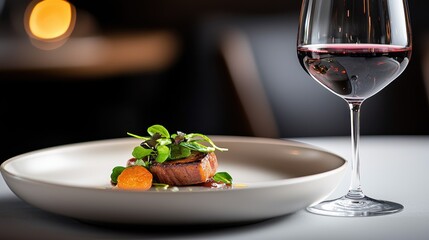 Naklejka premium A beautifully plated dish featuring protein and garnishes, accompanied by a glass of red wine, set in a softly lit dining atmosphere.