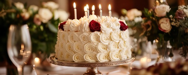 Elegant white rose cake with red accents and lit candles at sophisticated gathering