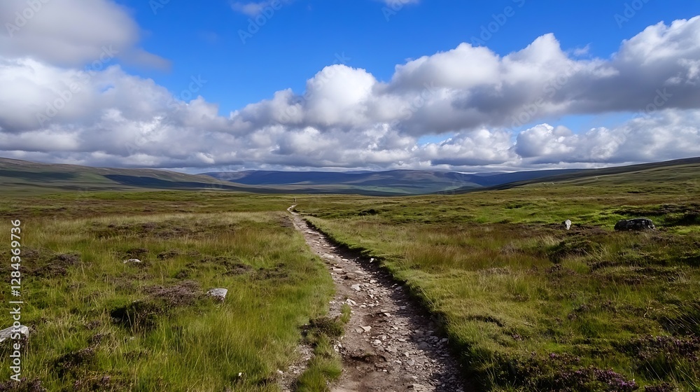 Poster scenic landscape with a winding path on a sunny day under blue skies and clouds : generative ai