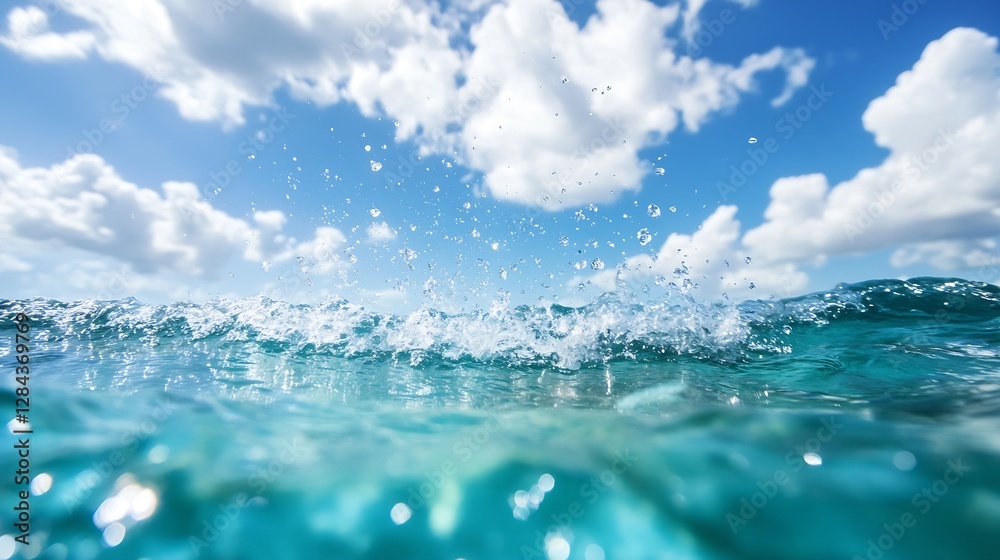 Aufkleber Vibrant ocean waves splashing against the surface under a partly cloudy sky : Generative AI