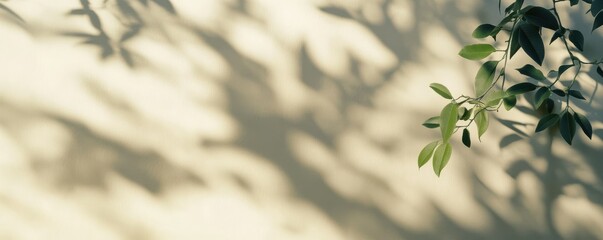 Sunlit leaves casting gentle shadows on a beige wall background