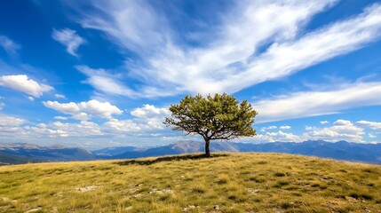 Obraz premium Lone tree standing majestically on a grassy hill under a stunning sky with clouds : Generative AI