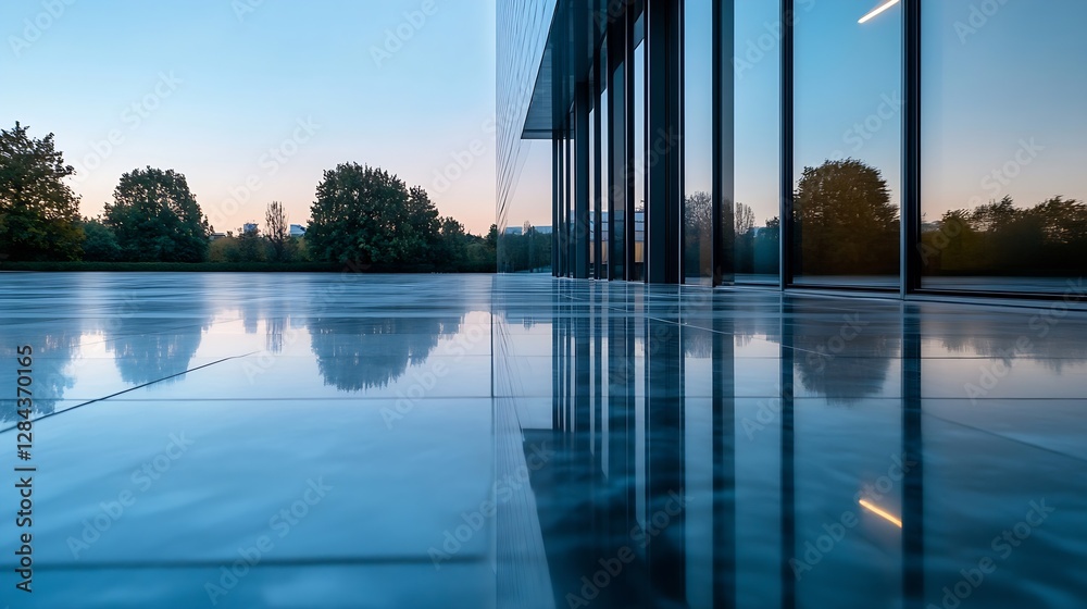 Poster modern architecture reflecting the serene beauty of nature in a tranquil evening setting : generativ