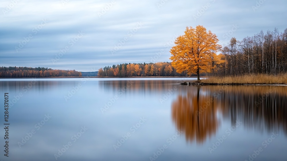 Poster serene reflection of a vibrant autumn tree in a calm lake surrounded by colorful foliage : generativ