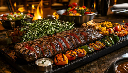 Succulent Steak and Colorful Vegetables Grill Over Intense Flames, Capturing the Essence of Outdoor Barbecue, Smoky Flavors, and Culinary Delight in Dynamic, Fiery Setting