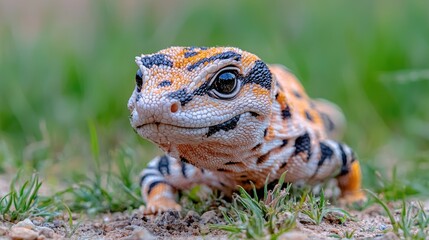 Fototapeta premium Leopard gecko portrait, grassy garden, closeup, pet reptile