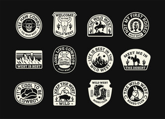A collection of vintage western badges with cowboy skulls, desert landscapes, rodeo themes, and classic Western slogans. Perfect for stickers, t-shirts, branding, and other designs.