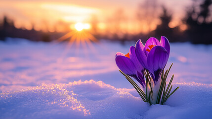 Purple Crocus in Snowy Embrace: Delicate purple crocus flowers emerge from a blanket of snow, bathed in the warm light of a setting sun, symbolizing resilience and the arrival of spring.