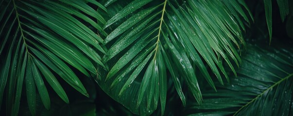 Lush green tropical palm leaves with water droplets
