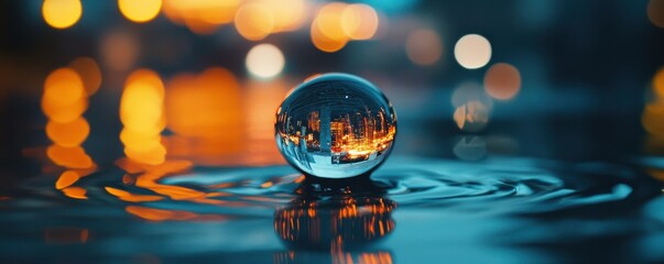 City lights reflected in water droplet at night on rippling surface