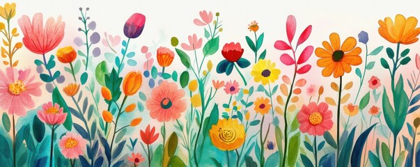 Vibrant watercolor floral pattern with colorful blossoms and greenery