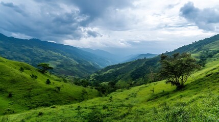 Naklejka premium Breathtaking view of lush green mountains under a cloudy sky capturing the essence of nature : Generative AI
