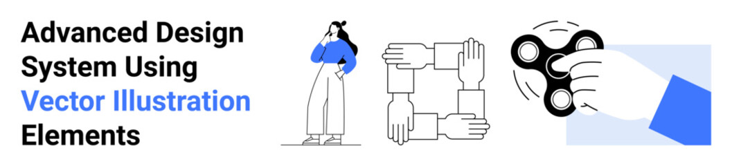 Woman thinking, interlocked hands symbolizing teamwork, spinner for innovation. Ideal for creativity, collaboration, problem-solving, modern ideas, brainstorming, innovation concepts flat landing