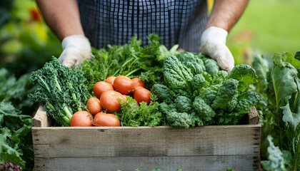 Fresh organic vegetables in wooden box in farmer's hands