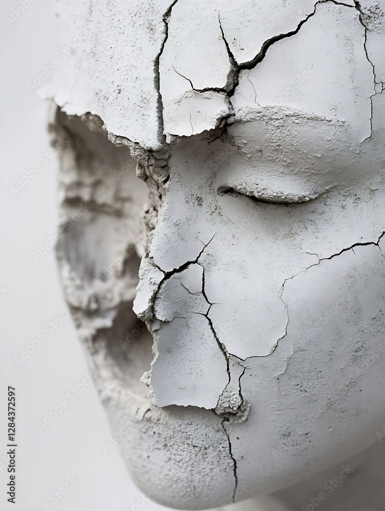 Poster artistic close up of a cracked plaster face sculpture reflecting the theme of fragility and decay : 