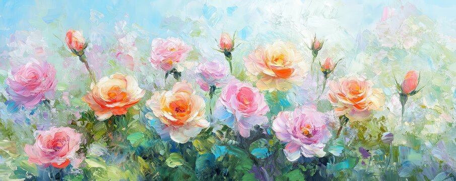Colorful impressionist bouquet of roses in a lush garden on a bright summer day