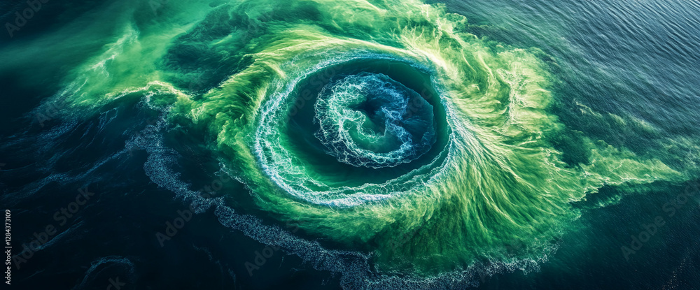 Aufkleber aerial view of a circular ocean whirlpool, showcasing the powerful movement of turquoise and white w
