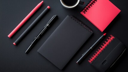 Obraz premium A minimalistic workspace featuring black and red stationery items, including notebooks and pens, arranged on a dark surface.
