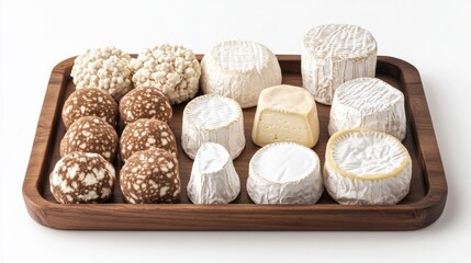 Selection of cheeses, chocolates, and cookies on a wooden board.