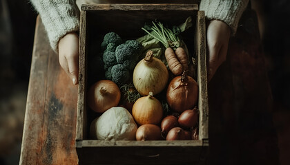Fresh organic vegetables in wooden box in farmer's hands