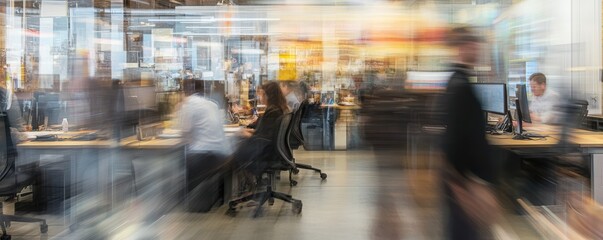 Busy modern office with blurred motion of people working at desks and walking