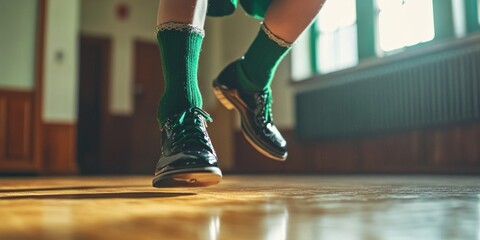 Athlete wearing green socks and sneakers, jumping on a basketball court.