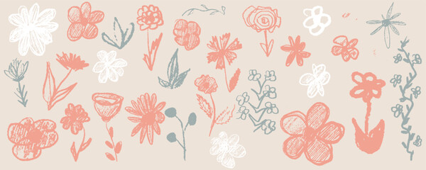 Handdrawn floral doodles, black ink on beige background, featuring whimsical, minimalist, vintage, boho, organic, natural, abstract, decorative elements . Vector illustration