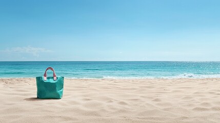 A turquoise bag rests on a sandy beach with a clear blue sky and calm ocean waves in the background, evoking a serene seaside atmosphere.