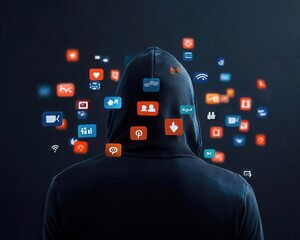 Mystery hacker in a dark hood with stolen social media profiles floating around them, digital crime theme