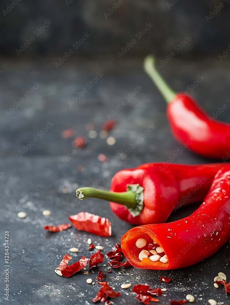 Poster Fresh Red Chili Peppers Sliced Open with Seeds on Dark Background : Generative AI