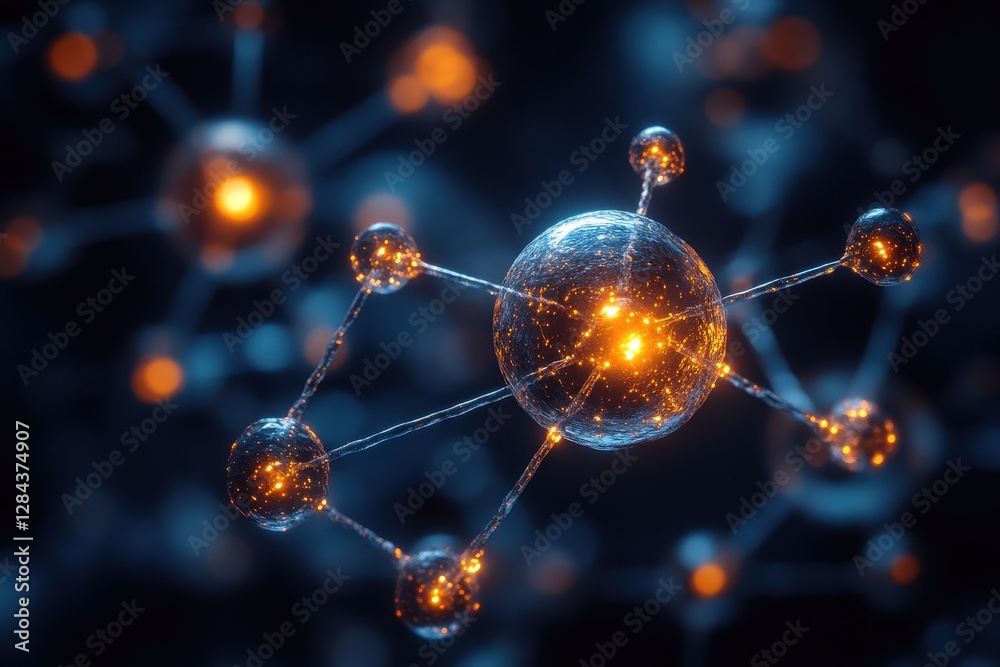 Poster molecular structures glowing in a surreal digital representation with dynamic visual effects
