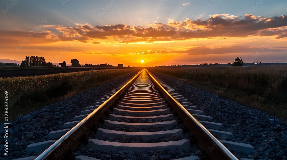 Aufkleber Dramatic perspective of railway tracks converging towards a vibrant sunset in the background creating a path to adventure : Generative AI