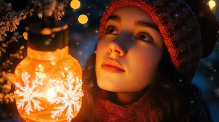 A young woman gazes into a lit candle, evoking the warmth and joy of Christmas nighttime.
