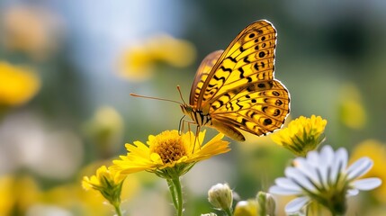 Obraz premium Vibrant Orange Butterfly Perched on Bright Yellow Flower Petals in a Garden Setting : Generative AI