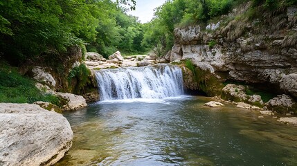 Serene landscape featuring a tranquil waterfall surrounded by lush green forest and rocky terrain : Generative AI