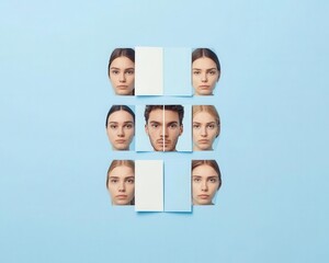 ID card with a face split into different individuals, representing identity forgery and duplication