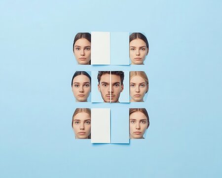 ID card with a face split into different individuals, representing identity forgery and duplication