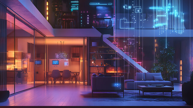 A realistic animation of a hyper-connected smart home where voice-controlled AI manages lighting, temperature, and security in real-time 