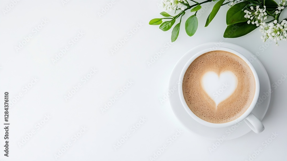 Poster Beautiful heart pattern created with latte art in a cup surrounded by greenery : Generative AI