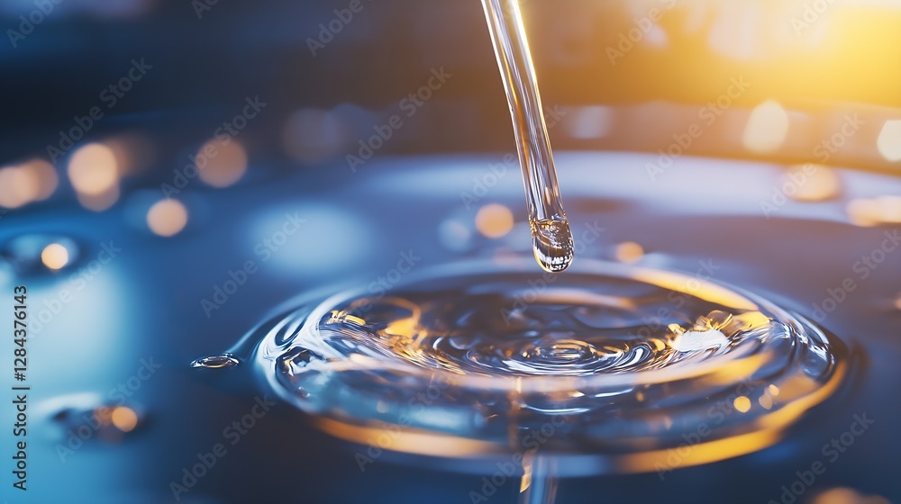 Fototapete Close Up of a Droplet from a Pipette Creating Ripples in Clear Water Surface : Generative AI